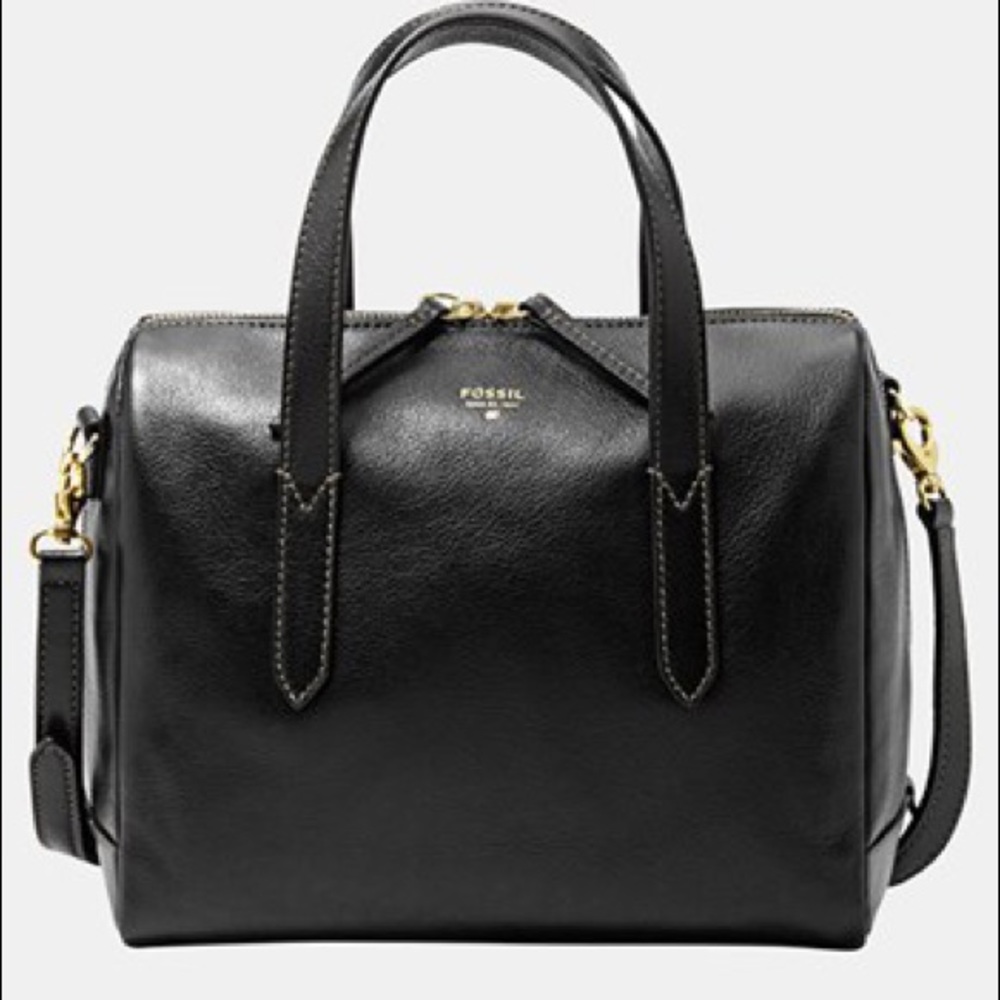 Fossil Black Leather Satchel with Gold Hardware